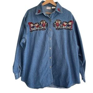 Vintage Bobbie Brooks Denim Button Down Shirt Holiday Christmas Teddy Bears